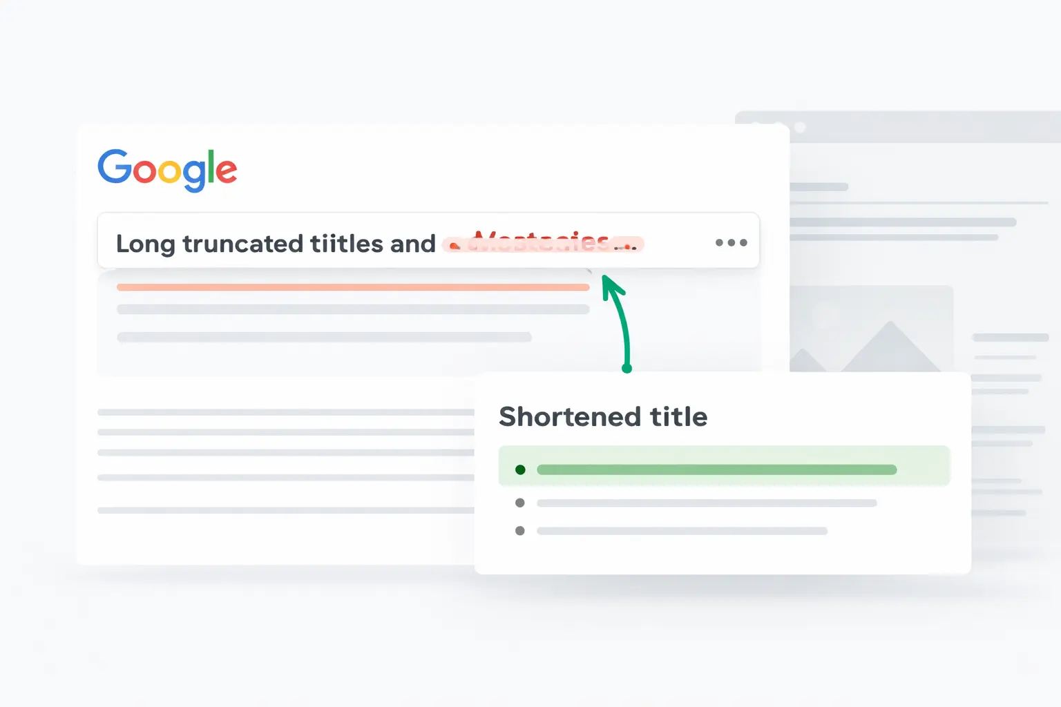 Illustration of search results where a long title is shortened to improve clarity and Google SEO