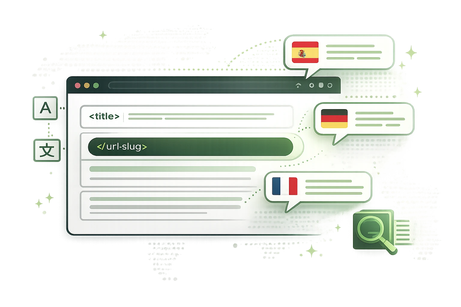 Illustration of multilingual SEO title generation showing translated SEO titles, URL slug and meta description for international search optimization